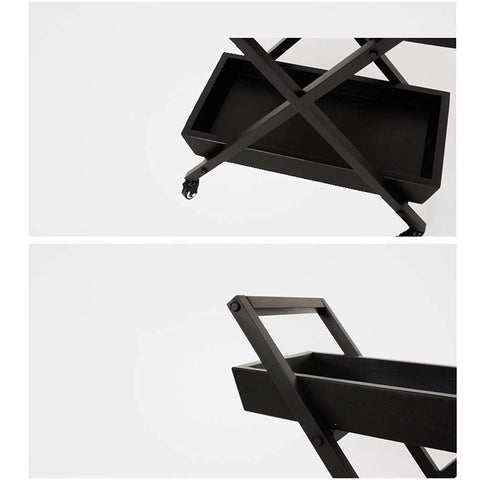 Killer Three Tier Bar Serving Trolley With Rust Free Steel Build And Smooth Tempered Glass Top Heavy Duty Kitchen Storage Cart And Salon Display Stand Built Solid To Handle The Daily Grind, showing black metal frame and storage compartment.