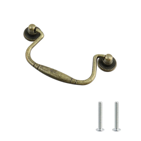 Set Of 10 Hella Sturdy Antique Bronze Cabinet Knobs And Bail Pulls With 3.1 Inch Hole Spacing Heavy Duty Zinc Alloy Construction Top Shelf Rustproof Kitchen Drawer Hardware bail pull with decorative ends and screws.