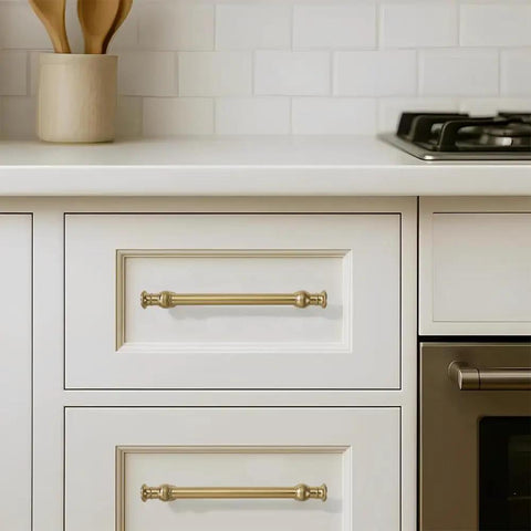 Ten Pack Six Inch Brushed Brass Cabinet Pulls Featuring Heavy Duty Solid Metal Construction And Sleek Modern Style Perfect For Kitchens Bathrooms Drawers And Dressers A Top Shelf Hardware Upgrade on white drawers