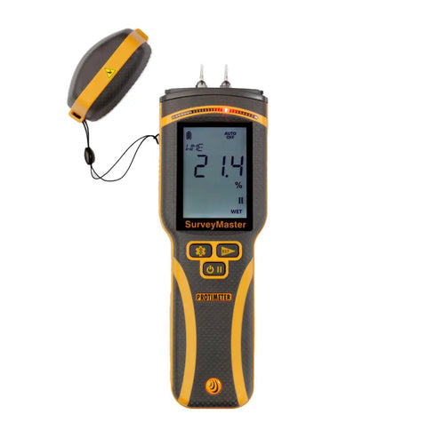 SurveyMaster Dual Function Moisture Meter with Pin and Non Invasive Modes, large display showing 21.4% reading