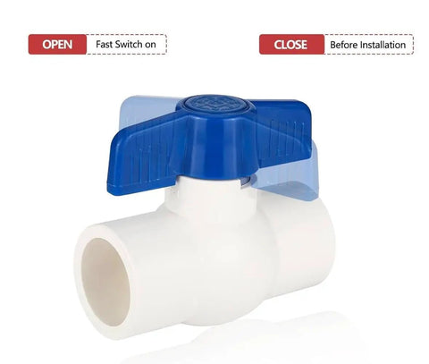 Close-up of Heavy Duty 1/2 Inch PVC Ball Valve Sch40 Socket To Socket Shut Off Valve With Blue Handle.