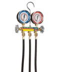 Rugged Heat Pump Manifold Gauge Set With Five Foot Hoses And Three Inch Dials mounted for pressure monitoring, featuring brass dials and black hoses.
