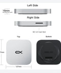 Premium Mac Mini M4 Dock With 80Gbps Usb C Hub And Solid Aluminum Base featuring top and bottom views with dimensions.