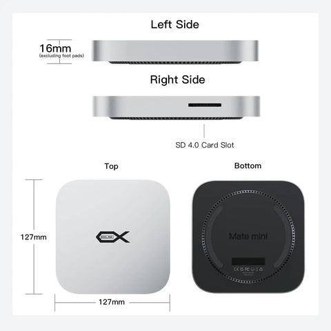 Premium Mac Mini M4 Dock With 80Gbps Usb C Hub And Solid Aluminum Base featuring top and bottom views with dimensions.