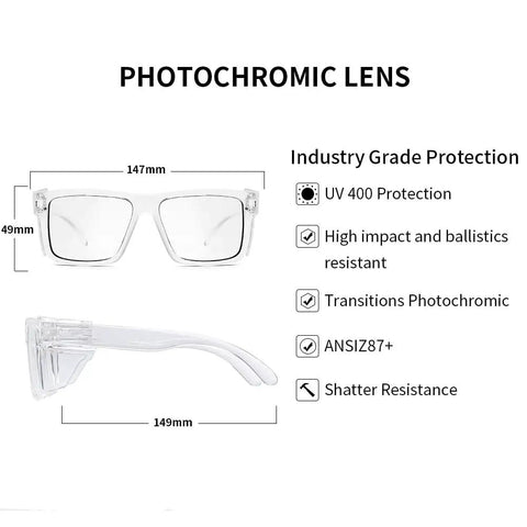 Photochromic Safety Glasses Featuring Blue Light Blocking Armor And Scratch Resistant Glass, clear frame, 147mm x 49mm size.