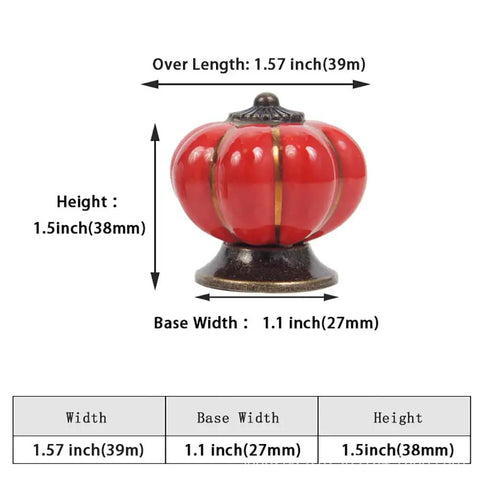 Hand Painted Red Ceramic Pumpkin Cabinet Knobs Set Of Four With Steel Screws For Kitchen Drawers And Vanities showing measurements and details.