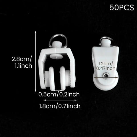 Fifty Piece Heavy Duty Ceiling Curtain Track Rollers With Flexible Bendable Clips and Rock Solid Construction for No Fuss Sliding in Modern Home Spaces, showing size dimensions.