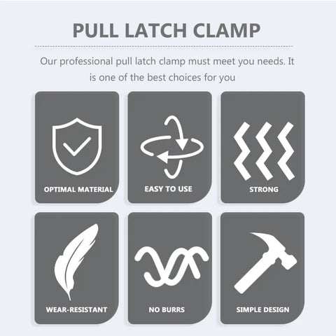 Infographic details features of 2 Pack Adjustable Toggle Clamp Latch Hasp Quick Release Draw Latch Zinc Plated Iron Built Tough Heavy Duty.