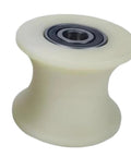 Rock Solid Nylon Pulley Roller For Sliding Doors Featuring Double Bearing Track Guide With U Groove Design Smooth Glide Action Built Tough For All Day Indoor Outdoor Use in white nylon material.
