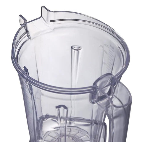 Top angle of 48oz Replacement Blender Container With Blade For Explorian Series E310 Fits Medium Batches Durable BPA Free Polycarbonate Jar Clear See Through Design Easy To Clean Dishwasher Safe Heavy Duty Plastic Budget Friendly showing clear polycarbonate material and measurement markings.
