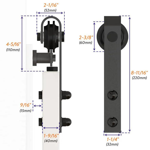 6Ft Barn Door Hardware Kit Lite Version Black - dimensions for low-clearance installation with smooth sliding track rail system