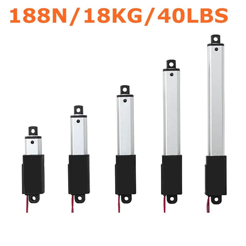 Heavy Duty Dc Micro Linear Actuator Motor Packin 188 Newtons Thrust showing five metal actuators with various lengths and connectors.