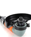 Badass 4 Inch Pneumatic Angle Grinder For Heavy Duty Polishing And Grinding Featuring Front Exhaust Cooling Adjustable Speed Switch And Rugged Metal Spark Guard Cover - close-up of adjustable speed cover and exhaust port.