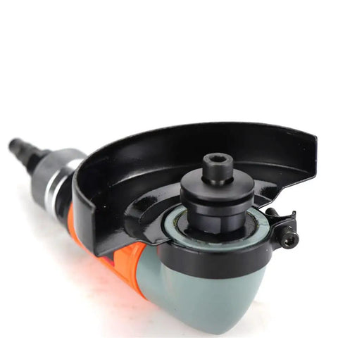 Badass 4 Inch Pneumatic Angle Grinder For Heavy Duty Polishing And Grinding Featuring Front Exhaust Cooling Adjustable Speed Switch And Rugged Metal Spark Guard Cover - close-up of adjustable speed cover and exhaust port.