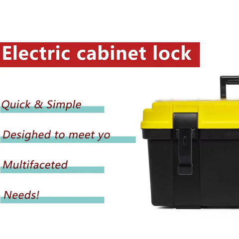 Yellow toolbox with black latch featuring Two Pack Flexible Draw Latch Rubber Lock For Electrical Cabinets And Tool Boxes.