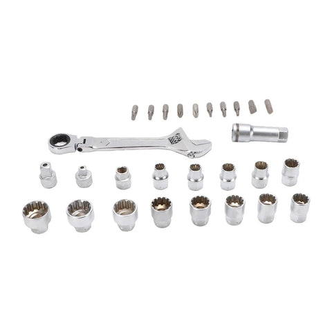 19 Piece Pass Through Socket Set With Ratchet And Extension, Metric Spline Wrenches For Long Bolts, featuring chrome finish sockets.