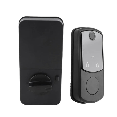 Keyless Smart Lock With Biometric Fingerprint Reader And Push Button Code Plus Rfid Card Access Offering Self Locking Electronic Deadbolt for doors, sleek black design.