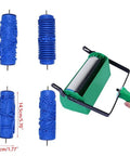 Slick Patterned Paint Roller With Swappable Texture Wheels and Dual Color Coating Wand, featuring three blue texture wheels and green handle.