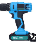 Heavy Duty Cordless Impact Hammer Drill With 48 Nm Adjustable Torque And Multi Speed Trigger For Drilling Wood Metal Concrete Tough As Nails Battery Powered Workhorse That Gets Any Job Done Smooth, side view showing battery and grip.