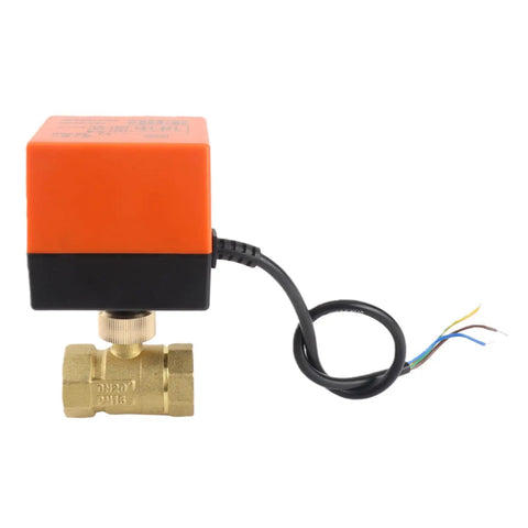 Rock Solid Forged Brass Motorized Ball Valve With Smooth Electric Actuator For DC 12 To 24V HVAC Hydronic Control G3 4 DN20 side view with wires