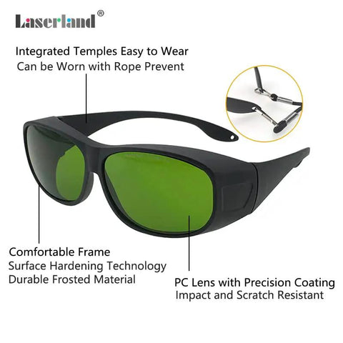 No Nonsense Laser Protective Goggles With Boss Level OD4 Shielding For Blue And IR Waves Built Tough Lab Eyewear showing green lenses and comfortable frame.