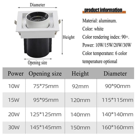 9 Pack Badass Bright Recessed LED Downlights With Aluminum Square Baffle Trim And Adjustable COB Gimbal Spotlight dimensions and specifications