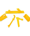 Rock Solid Pro Level Woodworking Push Block And Push Stick Set Five Piece Safety Jig Kit Featuring Killer Grip Control For Router Tablesaw Band Saw Jointer And Shaper Machines yellow grip tools arranged on a white background.