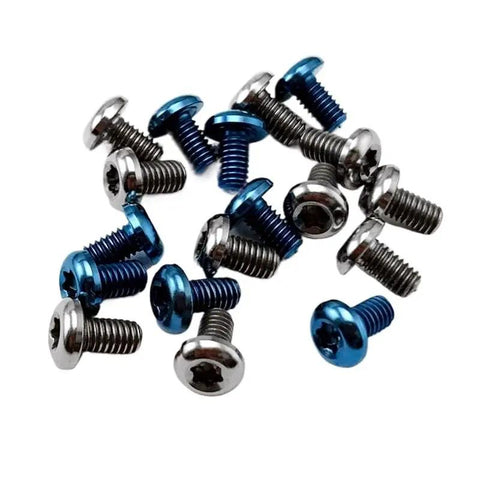 High Strength Pro Grade T8 Torx Titanium Screws Featuring M2.5 Thread, six screws in blue ceramic coating, perfect for knife handle swap.