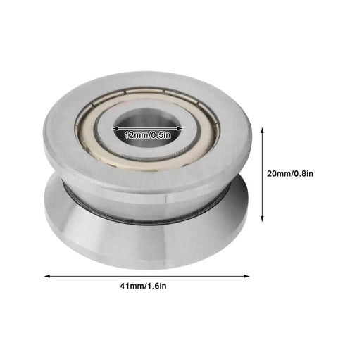 Top Shelf V Groove Track Roller With Fully Sealed Ball Bearings For Heavy Duty Manufacturing Gear Precision Ground Hardened Steel In 12X41X20mm Size showing dimensions and design.