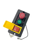Heavy Duty Push Button And Emergency Stop Switch With Rocker Toggles For Shop Equipment 400V Single Three Phase Quick Reset Power Protection, top view with red and green buttons.