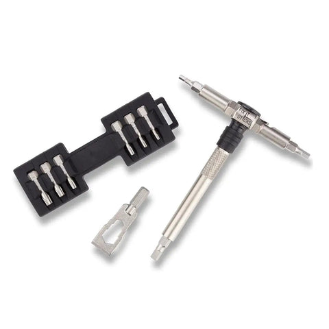 Compact Ratcheting Multi-Tool And Mini All-In-One Torque Driver EDC Kit with a ratcheting T-way wrench, hex wrench, and 15 bits