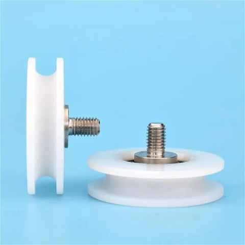 Tough As Nails U Groove Plastic Coated Bearings 6200ZZ Pom Roller Track Guide Wheel And Nylon Pulley Sheave 10mm Bore 54mm Diameter side view with M8 screw