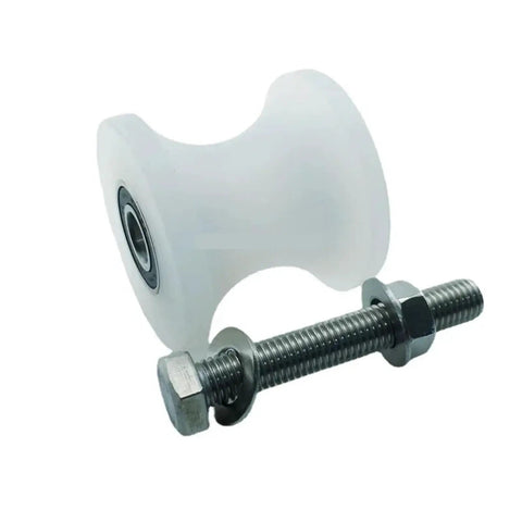Heavy Duty V Groove Track Wheels With Tough Nylon Pulleys Engineered For No Hassle Install And Glide Smooth As Butter On Closet Doors And Cable Lift Systems Fits 20 To 65 Millimeter Tracks Quiet Rolling Hardware Kit with white nylon pulley and bolt hardware.