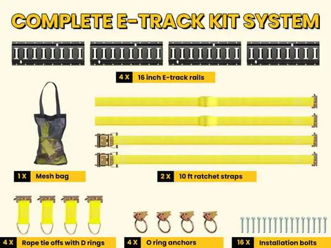 E Track Tie Down Rail Kit 31 Piece Set with four 16 inch rails, two ratchet straps, o ring anchors and rope tie offs.