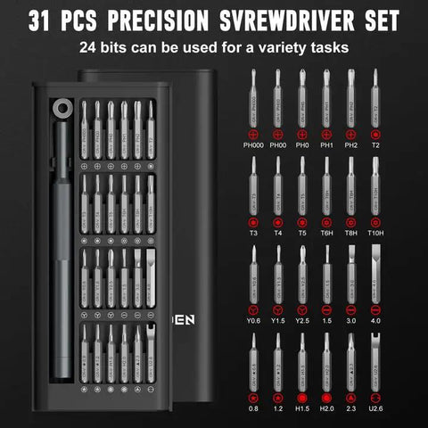 Top Tier 31 In 1 Precision Screwdriver Set Featuring Slick Magnetic Bits And Pry Tools Foolproof Electronics Repair Kit Laptops Glasses Jewelry Fix Sweet Nifty Kit with various driver bits.