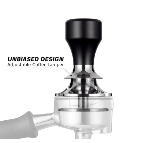Top Shelf Adjustable Coffee Tamper With A Flat Base And Food Safe Stainless Steel, Killer Build For Custom Sized Espresso Pulls And Fast Morning Brews, showing adjustable design and grip.