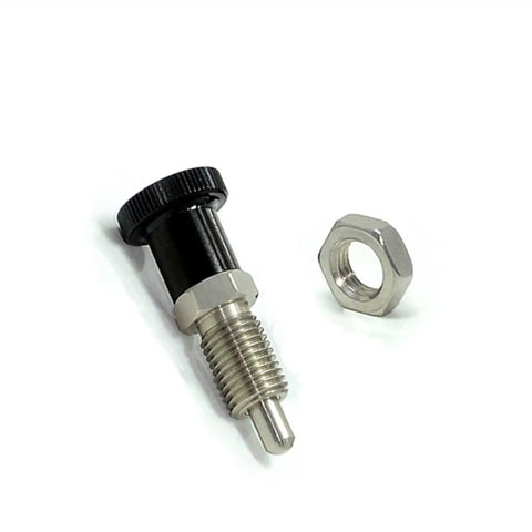 Premium M10 Index Plungers With Hex Collar And Locking Aluminum Spring Knob Lock Pin Screw Thread Rock Solid Grip angle view with hex nut