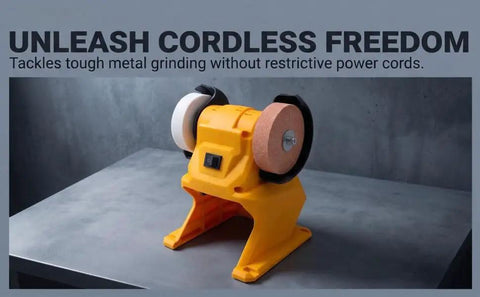 Slick Cordless Mini Bench Grinder With 70mm Wheel And 5500 RPM for efficient grinding without cords, showing yellow body and grinding wheels.