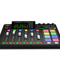 Slick Pro Live Streaming Console And Broadcast Mixing Interface with faders, colorful buttons, and control screen.