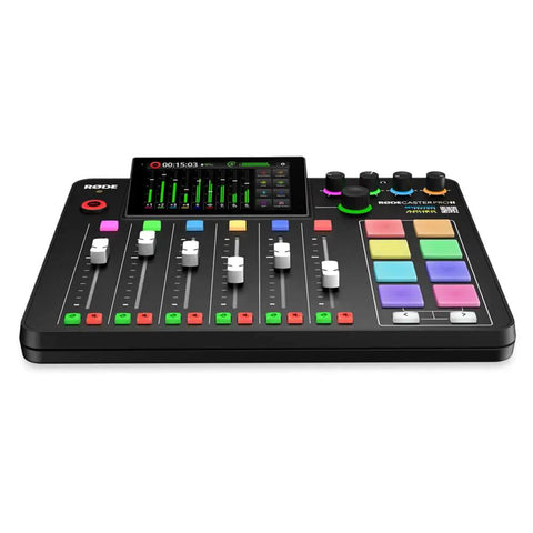 Slick Pro Live Streaming Console And Broadcast Mixing Interface with faders, colorful buttons, and control screen.