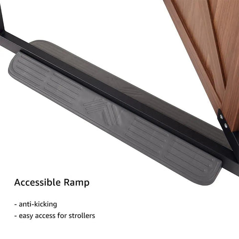 Solid Wood Farmhouse Barn Door Dog Gate Gliding Smooth Operator Style Adjustable Width Fits Twenty Nine To Forty Inch Openings showing an accessible ramp for easy passage.