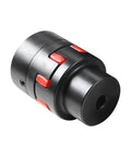 Close-up of Rock Solid 45 Steel Shaft Coupling With Elastomeric Spider D30 L50 Model, showing compact design and black finish.