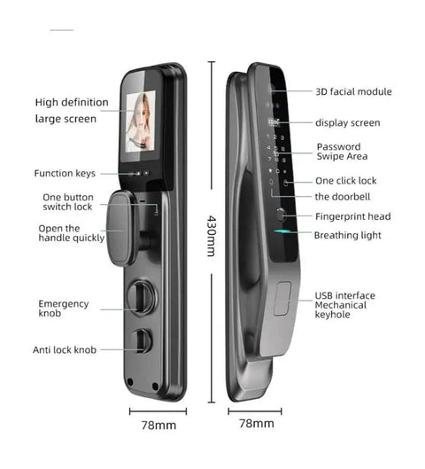 Solid Game Changer Smart Lock Featuring Slick 3D Face And Fingerprint Unlocking Through Built In WiFi For Automatic Door Deadbolts with display screen.