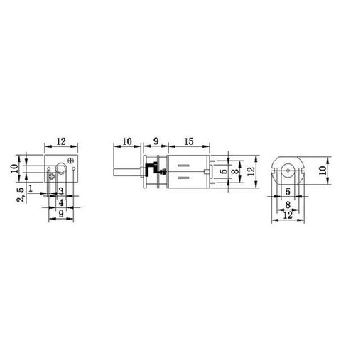 Pro Grade Miniature 12V DC Geared Motor With 12MM Metal Casing And Smooth Operator 60RPM Drive dimensions diagram with measurements.
