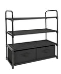 4 Shelf Closet Organizer With Black Metal Frame And Two Collapsible Fabric Bins And Straight Up Heavy Duty Vertical Shoe Rack Clutch Dorm Room And Small Space And Tidy Home Storage Solution, featuring collapsible bins and sturdy shelves.