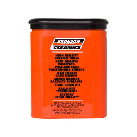 Bronson Ceramic skateboard bearings in orange tin with black lid