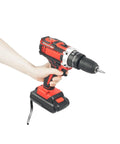 Heavy Duty Cordless Power Drill Featuring Variable Speed Trigger And Slick Ergonomic Handle Includes Plug And Play 1200 Mah Battery, held in hand.