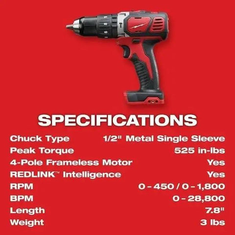 Rock Solid One Half Inch Cordless Compact Hammer Drill Driver Kit showing specifications, featuring all metal gear case and rugged chuck.