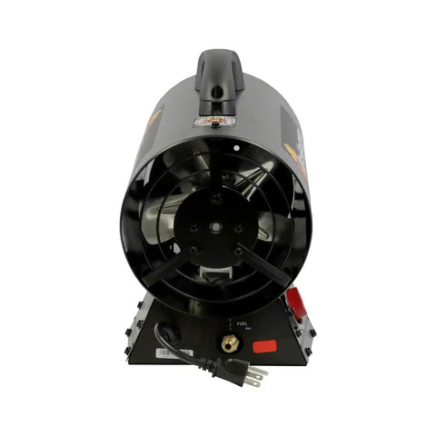 Front view of 60,000 BTU Portable Propane Forced Air Heater With Quiet QBT Technology, featuring fan and power cord, black.