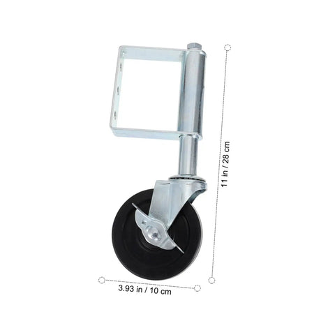 Heavy Duty Spring Loaded Gate Caster Wheel With Durable Shock Absorption For Fence And Backyard Gates Is A Solid Heavy Lifter Handles 75 Kilos Glides Slick Over Grass And Dirt, showcasing dimensions and steel frame.